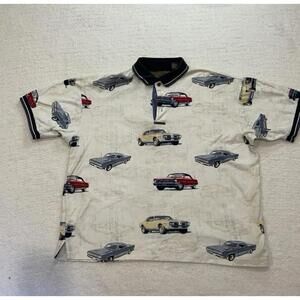 Vintage North River Polo Shirt Mens L Classic Car Pattern Cotton Short Sleeve